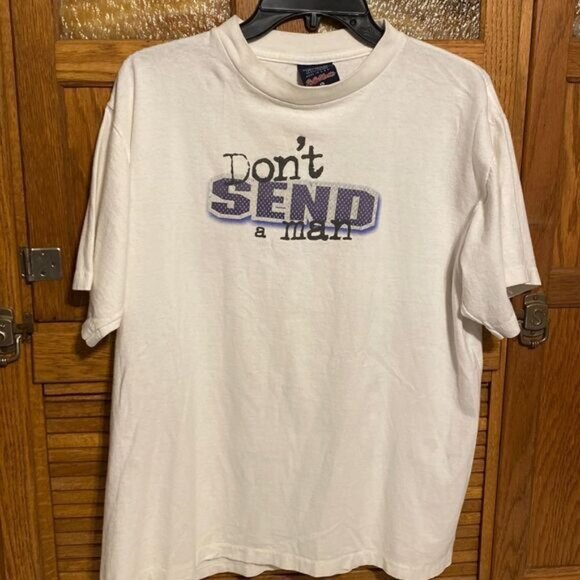 Dont Send A Man Graphic Soccer T-Shirt Womens L Big Ball Sports 100% Cotton Whit - Picture 1 of 5
